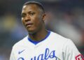 Aug 21, 2024; Kansas City, Missouri, USA; Kansas City Royals center fielder Dairon Blanco (44) reacts during the seventh inning against the Los Angeles Angels at Kauffman Stadium. Mandatory Credit: Jay Biggerstaff-Imagn Images