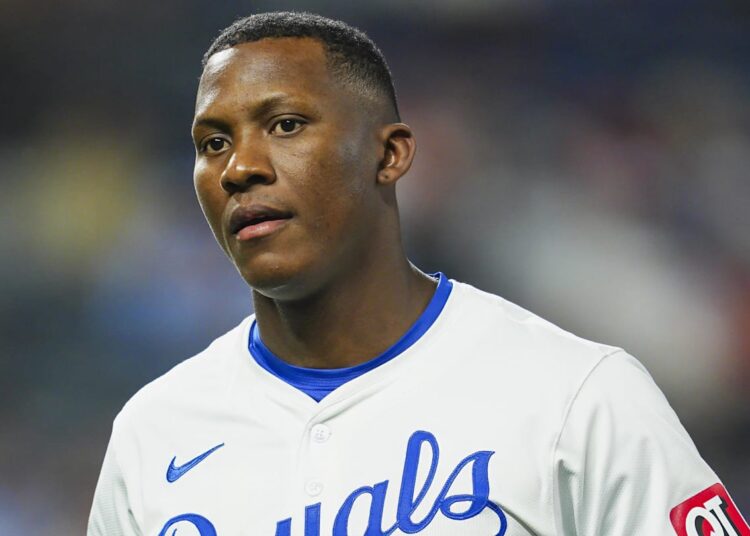 Aug 21, 2024; Kansas City, Missouri, USA; Kansas City Royals center fielder Dairon Blanco (44) reacts during the seventh inning against the Los Angeles Angels at Kauffman Stadium. Mandatory Credit: Jay Biggerstaff-Imagn Images