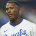 Aug 21, 2024; Kansas City, Missouri, USA; Kansas City Royals center fielder Dairon Blanco (44) reacts during the seventh inning against the Los Angeles Angels at Kauffman Stadium. Mandatory Credit: Jay Biggerstaff-Imagn Images