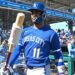 Feb 20, 2026; Surprise, Arizona, USA;  Kansas City Royals third baseman Maikel Garcia (11) on deck for the first inning against the Texas Rangers at Surprise Stadium. Mandatory Credit: Jayne Kamin-Oncea-Imagn Images
