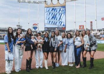 Kansas City Royals wives and their new babies posed at The K after the team won its home season opener at Kauffman Stadium on Monday.