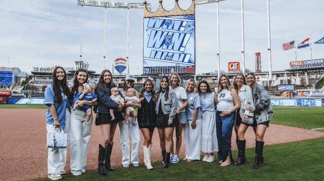 Kansas City Royals wives and their new babies posed at The K after the team won its home season opener at Kauffman Stadium on Monday.
