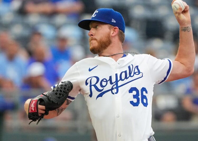 Aug 11, 2025; Kansas City, Missouri, USA; Kansas City Royals starting pitcher Bailey Falter (36) delivers a pitch against the Washington Nationals in the first inning at Kauffman Stadium. Mandatory Credit: Denny Medley-Imagn Images
