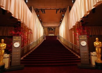 An empty red carpet is seen Saturday, March 14, 2026, at the Dolby Theatre in Los Angeles, the night before Sunday's 98th Academy Awards ceremony. (AP Photo/Gregory Bull)