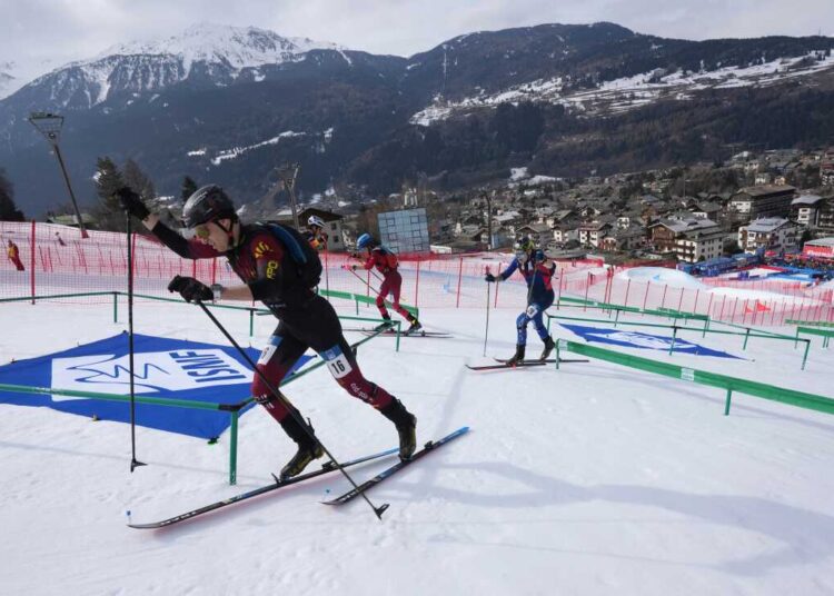 Athletes compete during the men's sprint race at the Ski Mountaineering World Cup event in Bormio, Italy in February 2025.