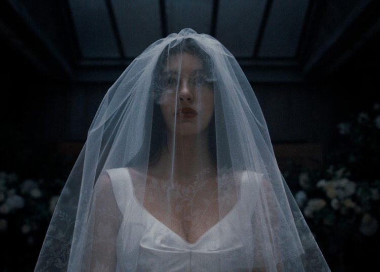 A woman wearing a white veil over her face.