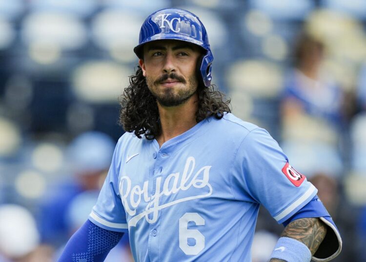 Aug 13, 2025; Kansas City, Missouri, USA; Kansas City Royals designated hitter Jonathan India (6) reacts during the fifth inning against the Washington Nationals at Kauffman Stadium. Mandatory Credit: Jay Biggerstaff-Imagn Images