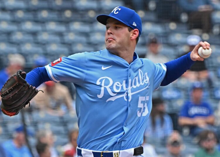 Apr 24, 2025; Kansas City, Missouri, USA;  Kansas City Royals starting pitcher Cole Ragans (55) throws a pitch in the first inning against the Colorado Rockies at Kauffman Stadium. Mandatory Credit: Peter Aiken-Imagn Images