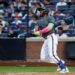 Mets outfielder Starling Marte hits a double during the 8th inning at Citi Field on Saturday, September 20, 2025 in Queens, New York.