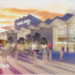 Concept art showing a venue with people walking outside and foliage.