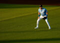 Kansas City Royals outfielder Lane Thomas (15) ready for a fly ball during an MLB spring training baseball game against the Los Angeles Dodgers on March 17th, 2026 in Surprise, AZ.