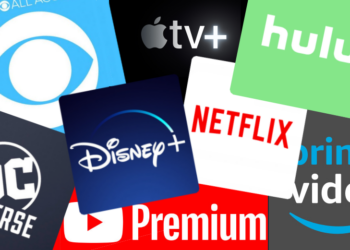 Logos of major streaming platforms, including Netflix, Spotify, Hulu, Disney+, Apple TV+, Prime Video, YouTube Premium, and CBS All Access, are displayed in a digital collage. Photo credit: https://d1qxviojg2h5lt.cloudfront.net/images/01DT09FQC9HRGEEWVJ74XPYNVN/freepremiums570c.png
