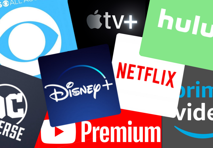 Logos of major streaming platforms, including Netflix, Spotify, Hulu, Disney+, Apple TV+, Prime Video, YouTube Premium, and CBS All Access, are displayed in a digital collage. Photo credit: https://d1qxviojg2h5lt.cloudfront.net/images/01DT09FQC9HRGEEWVJ74XPYNVN/freepremiums570c.png