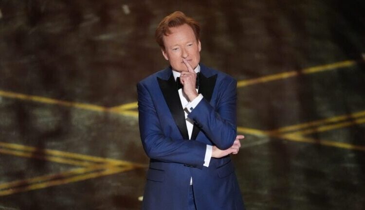 Host Conan O'Brien appears during the Oscars on Sunday, March 15, 2026, at the Dolby Theatre in Los Angeles.