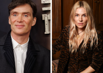 A composite photo of a dark-haired man in a suit and white shirt and a blonde woman in a leopard-patterned shirt sitting inside a room.