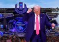 photo collage showing a photo of Donald Trump dancing overlayed over a photo of the main stage at Ultra Music Festival