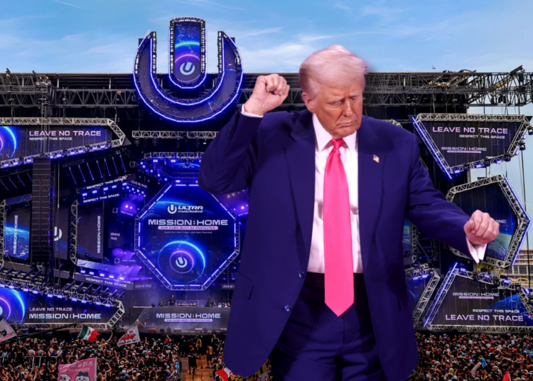 photo collage showing a photo of Donald Trump dancing overlayed over a photo of the main stage at Ultra Music Festival
