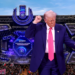 photo collage showing a photo of Donald Trump dancing overlayed over a photo of the main stage at Ultra Music Festival