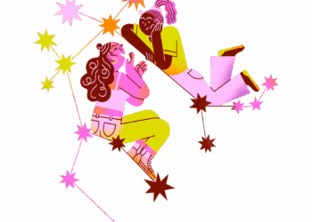 Two geminis looking at each other on a constellation of stars