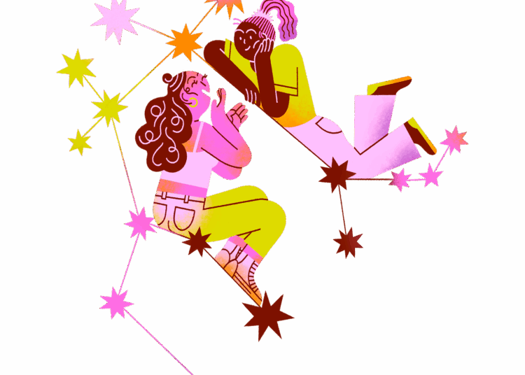 Two geminis looking at each other on a constellation of stars