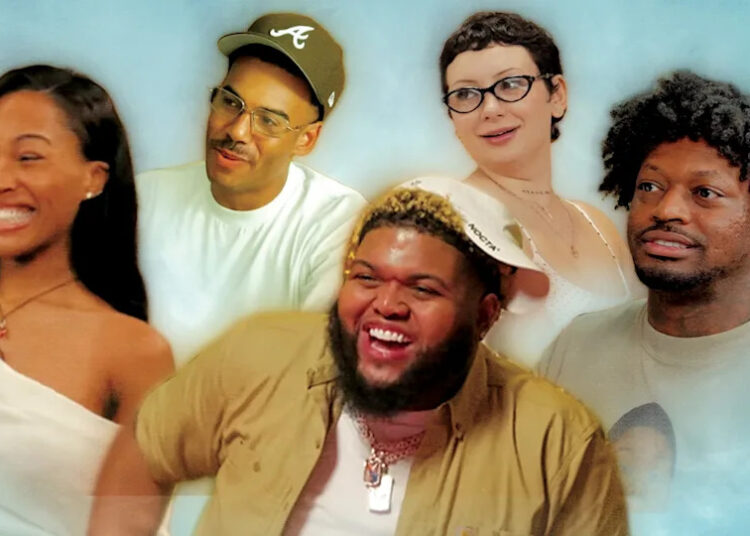 A group of five smiling people, each with distinct styles and expressions, against a light blue background.