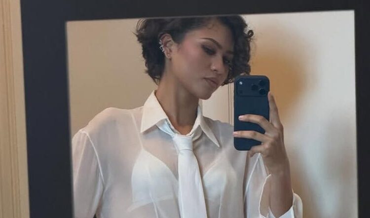 Zendaya Wears Sheer White Top With Bralette During 'The Drama' Press Tour