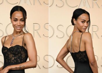 Zoe Saldaña Pairs Lace and Satin for the 2026 Oscars Red Carpet