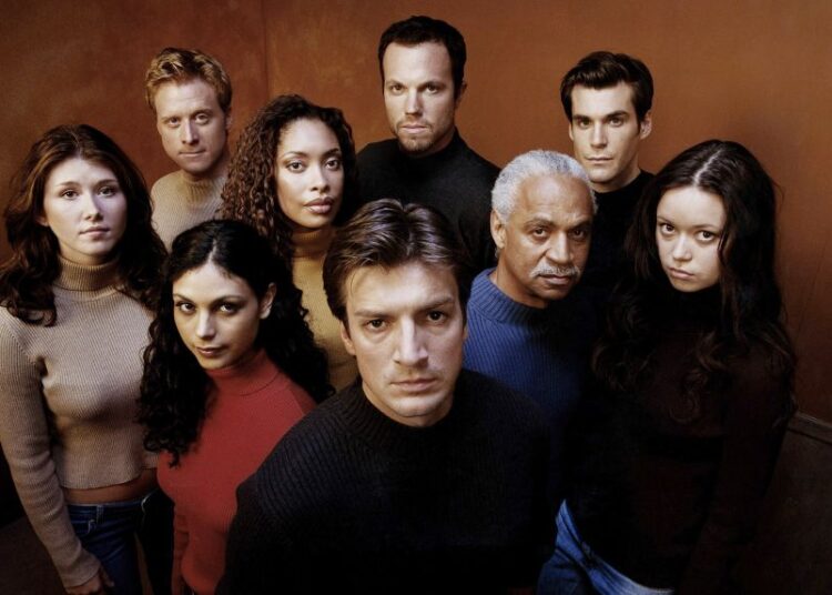 The cast of the original show, from left: Jewel Staite, Alan Tudyk, Morena Baccarin, Gina Torres, Nathan Fillion, Adam Baldwin, Ron Glass, Sean Maher and Summer Glau.