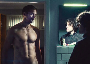 Skarsgard and Melling in 'Pillion'.