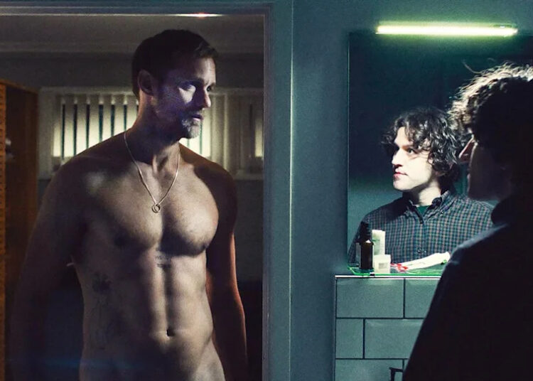 Skarsgard and Melling in 'Pillion'.