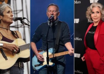 Joan Baez (L) Bruce Springsteen (C) and Jane Fonda (R) are among the various celebrity performers and speakers expected to attend the "No Kings" rally in St. Paul, Minn., on March 28.