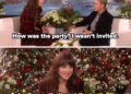 Dakota Johnson and Ellen seated on a talk show set with a winter backdrop, engaged in conversation