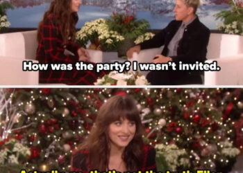 Dakota Johnson and Ellen seated on a talk show set with a winter backdrop, engaged in conversation