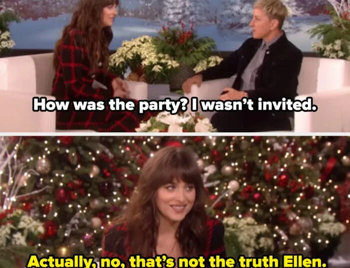 Dakota Johnson and Ellen seated on a talk show set with a winter backdrop, engaged in conversation
