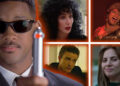 Will Smith in Men in Black next to shots of Cher in Moonstruck, Queen Latifah in Chicago, Justin Timberlake in The Social Network, and Lady Gaga in A Star Is Born