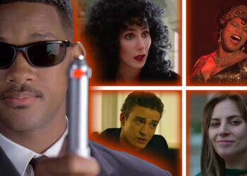 Will Smith in Men in Black next to shots of Cher in Moonstruck, Queen Latifah in Chicago, Justin Timberlake in The Social Network, and Lady Gaga in A Star Is Born