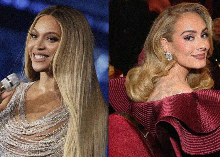 Beyoncé and Adele together representing moments when celebrities fangirled over other stars