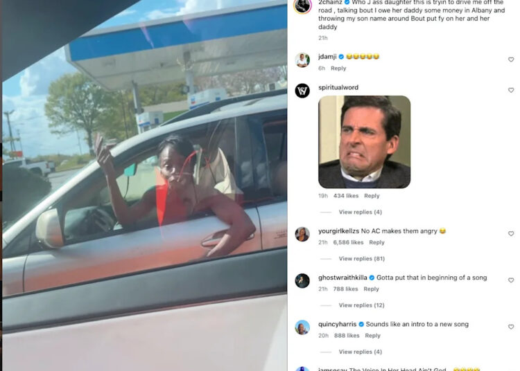 Screenshot of an Instagram post from 2 Chainz about a woman confronting him on the road.