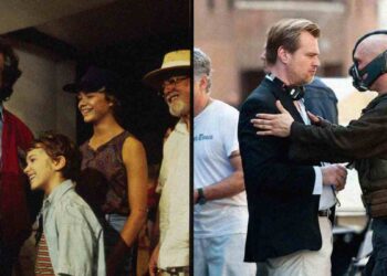 Steven Spielberg and Christopher Nolan on set, captured in behind-the-scenes moments while working with actors during film production