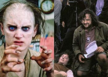 Frodo in full makeup on set alongside Elijah Wood with director Peter Jackson behind the scenes of The Lord of the Rings
