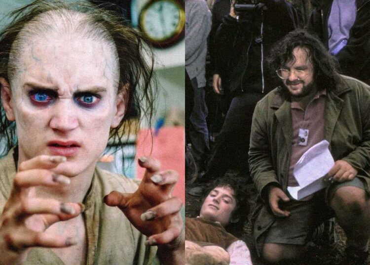 Frodo in full makeup on set alongside Elijah Wood with director Peter Jackson behind the scenes of The Lord of the Rings