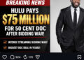 TMZ headline about Hulu paying $75 million for a 50 Cent documentary. 50 Cent is pictured in a suit, smiling.
