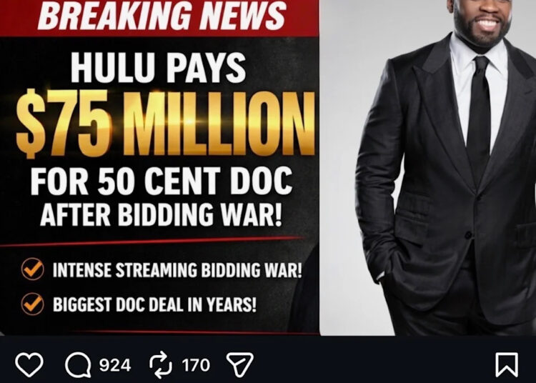 TMZ headline about Hulu paying $75 million for a 50 Cent documentary. 50 Cent is pictured in a suit, smiling.