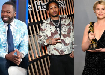 Three images: 50 Cent in a blue patterned suit, DDG in a camouflage jacket, and Jessie Buckley holding an Oscar in a black dress.
