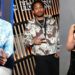 Three images: 50 Cent in a blue patterned suit, DDG in a camouflage jacket, and Jessie Buckley holding an Oscar in a black dress.