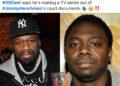 A Facebook post by RAPOLOGY featuring 50 Cent on the left wearing a Yankees cap and Jimmy Henchmen on the right.