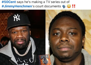 A Facebook post by RAPOLOGY featuring 50 Cent on the left wearing a Yankees cap and Jimmy Henchmen on the right.