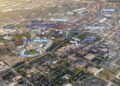 The rendering above shows the new location of the Kansas City Royals ballpark. The circle denotes locations within a 10-minute walk from the ball stadium.