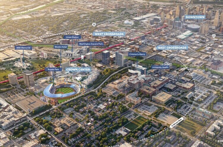 The rendering above shows the new location of the Kansas City Royals ballpark. The circle denotes locations within a 10-minute walk from the ball stadium.