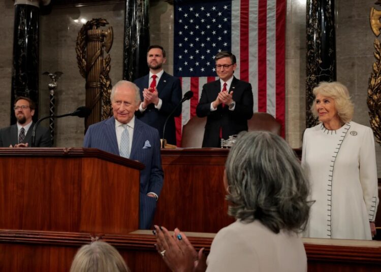 Britain’s King Charles III addresses a joint meeting of Congress while Vice President JD Vance, back left, House Speaker Mike Johnson, R-La., back right, applaud and Queen Camilla, right, looks on, in the House Chamber of the U.S. Capitol in Washington, Tuesday, April 28, 2026.